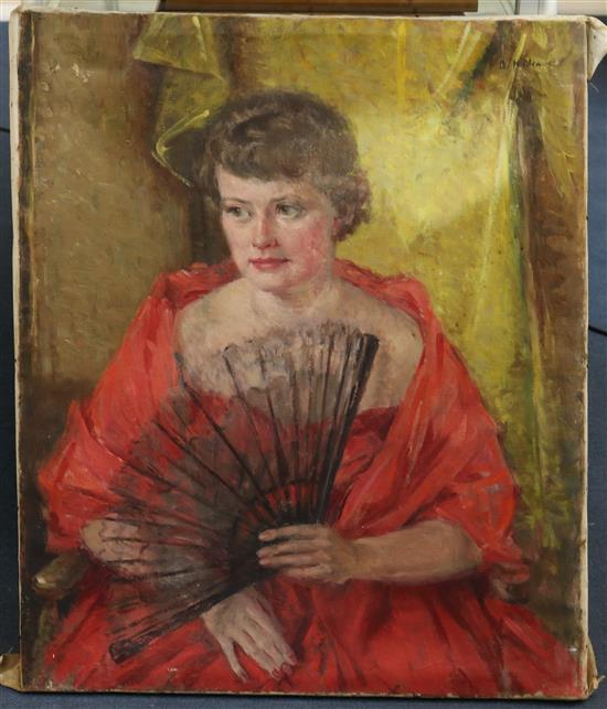 Alice Headley Neave (1903-) Portrait of a woman holding a fan 30 x 25in., unframed